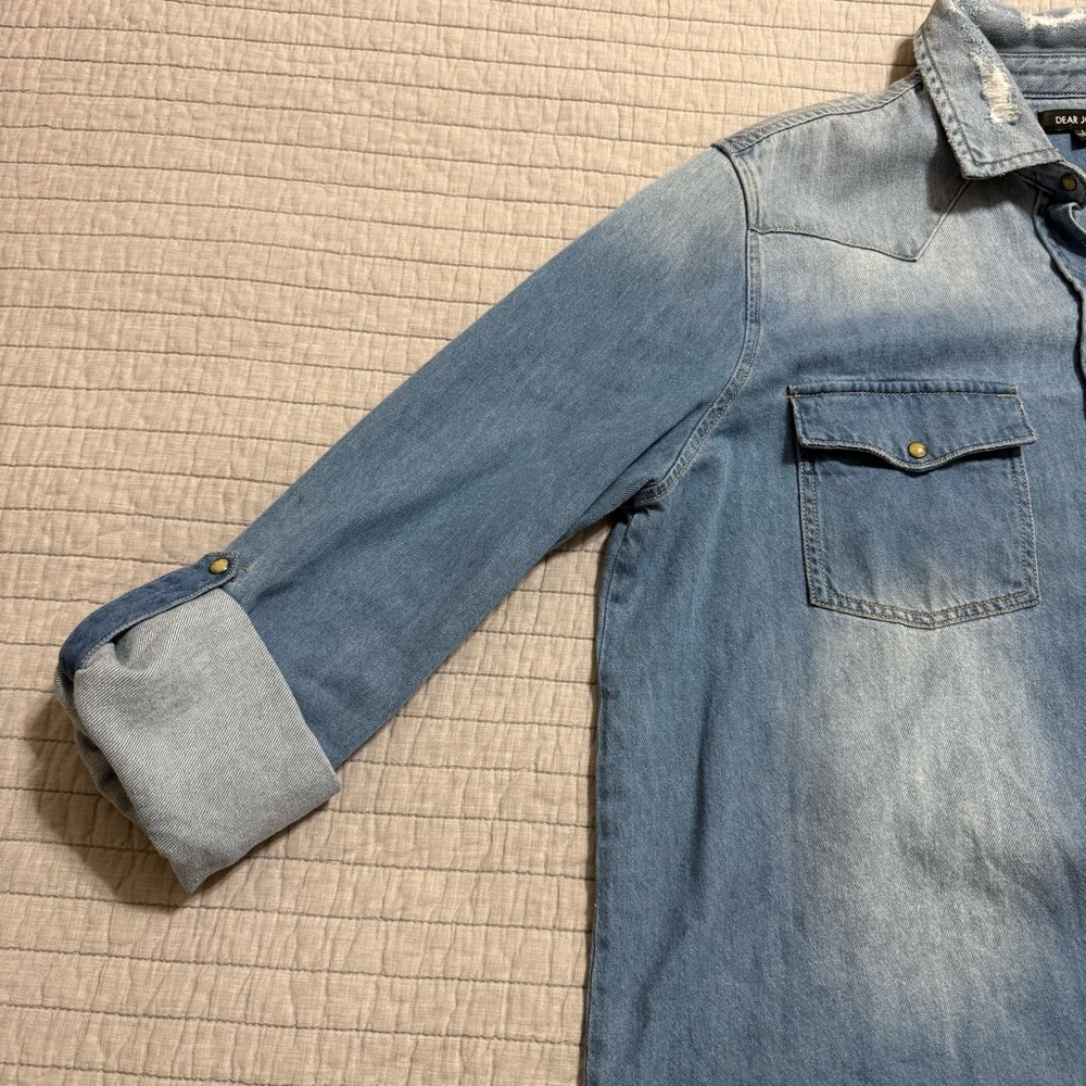 Dear John Denim Western Chambray Denim Distressed Shirt Blue Size Large - Picture 3 of 9